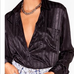 BLACK SATIN STRIPED OVERSIZED BLOUSE